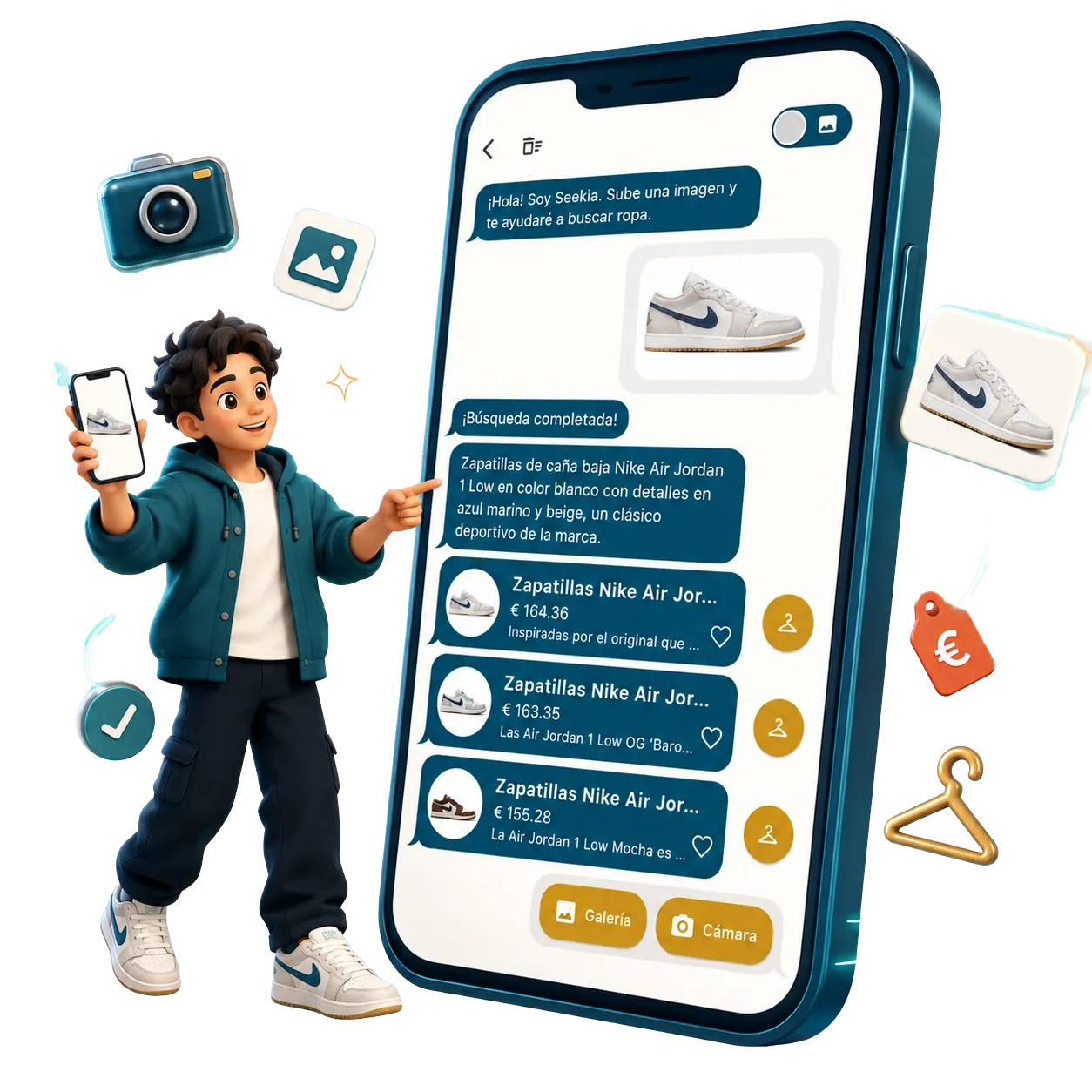 Chico con el móvil usando el chat de búsqueda de Seekia con zapatillas y resultados