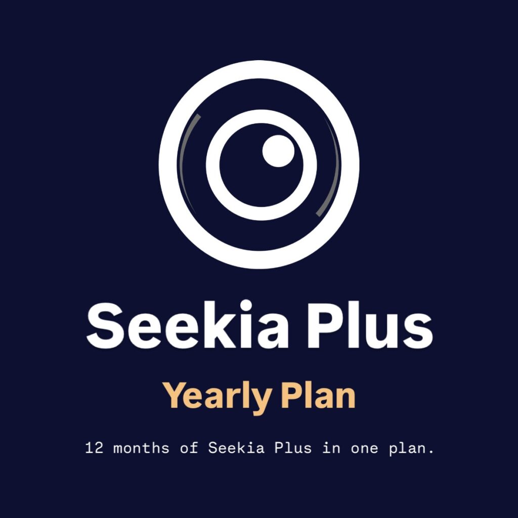 Banner de Seekia Plus Yearly Plan con logo y texto “12 months of Seekia Plus”.