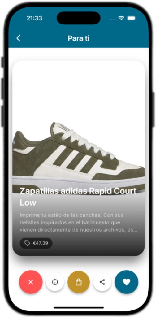 Feed “Para ti” de Seekia mostrando una recomendación de producto con botones para guardar, compartir y favorito.