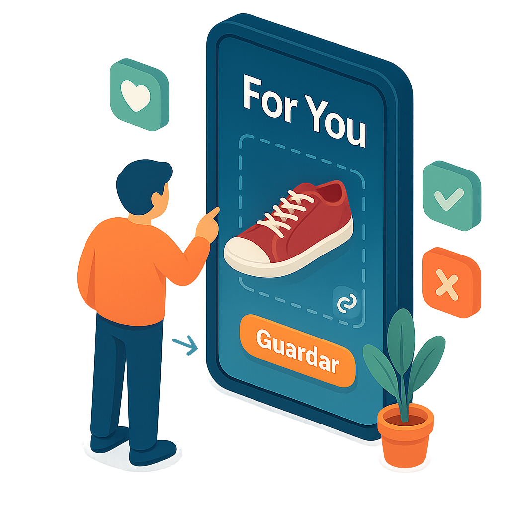 Ilustración del feed “Para ti” con recomendaciones y botón Guardar en Seekia.