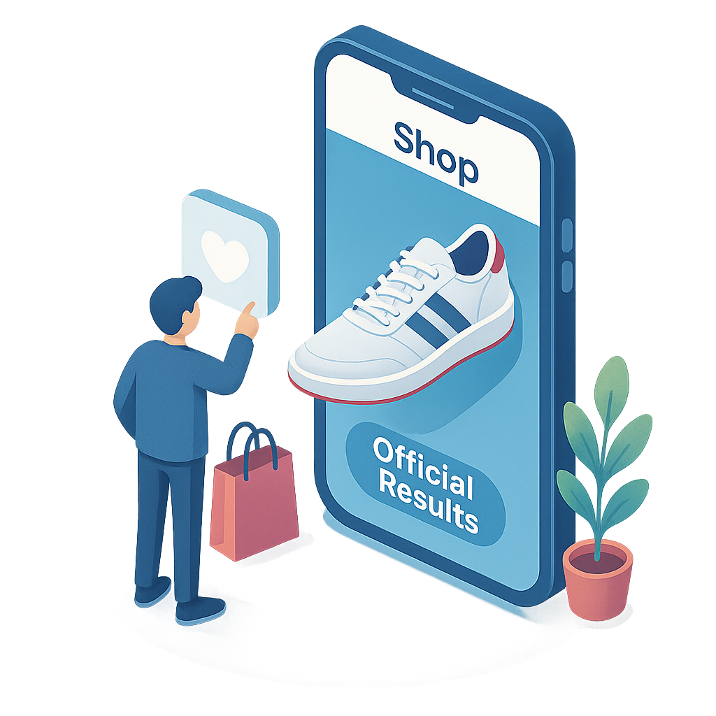 Ilustración de compra con resultados de producto en Seekia (Shop / Official Results).