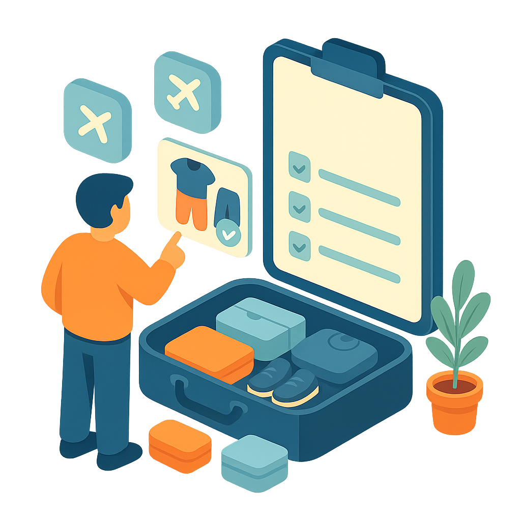 Ilustración de lista de maleta y checklist de viaje en Seekia.