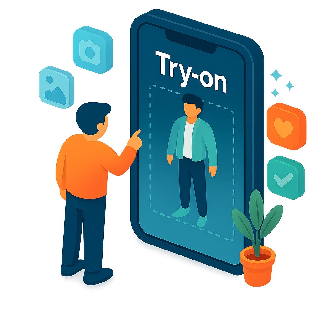 Ilustración del probador virtual “Try-on” para ropa con IA en Seekia.