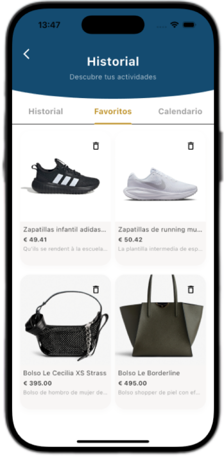 Pantalla de Favoritos en Seekia con productos guardados (zapatillas y bolsos) en formato cuadrícula.