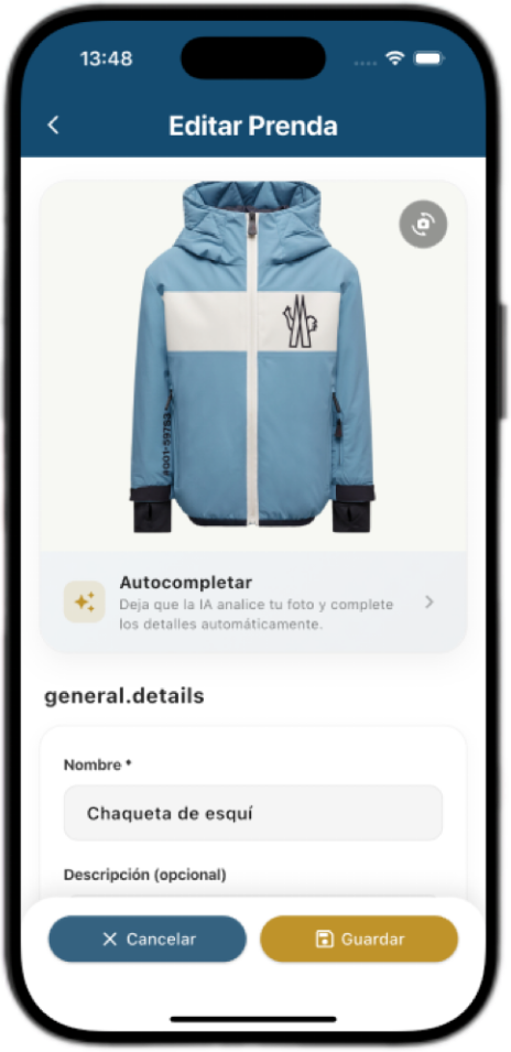 Pantalla “Editar Prenda” en Seekia con opción Autocompletar para completar detalles con IA.