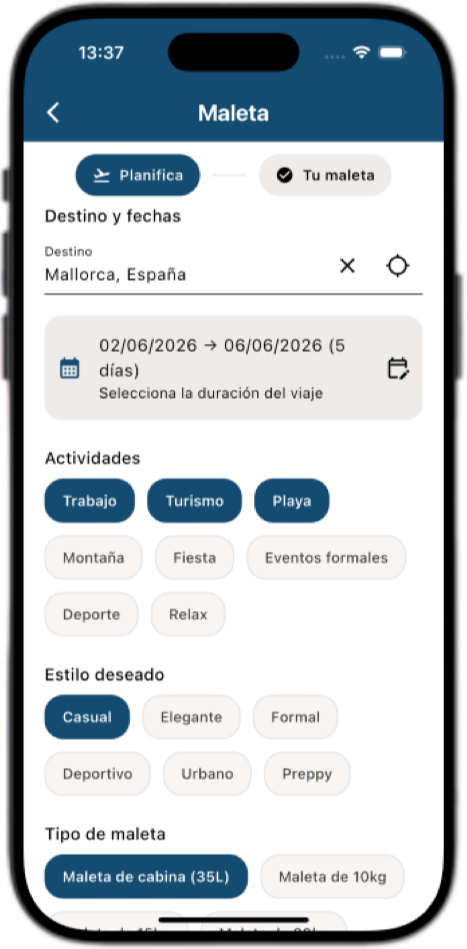 Planificador de maleta en Seekia con destino, fechas, actividades y estilo deseado para el viaje.