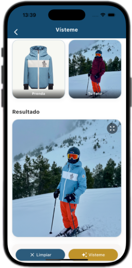 Captura de “Vísteme” en Seekia, probador virtual de ropa con IA y resultado sobre una foto.