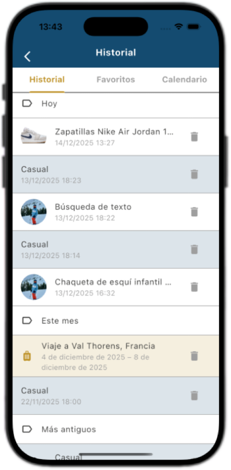 Pantalla de Historial en Seekia con registros de búsquedas, favoritos y calendario.