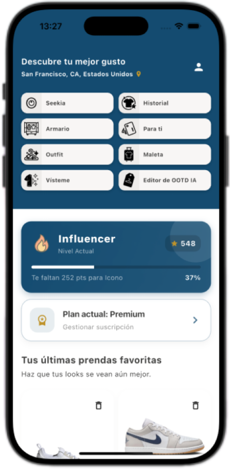 Pantalla principal de Seekia con accesos a armario, historial, generador de outfits, maleta y OOTD.