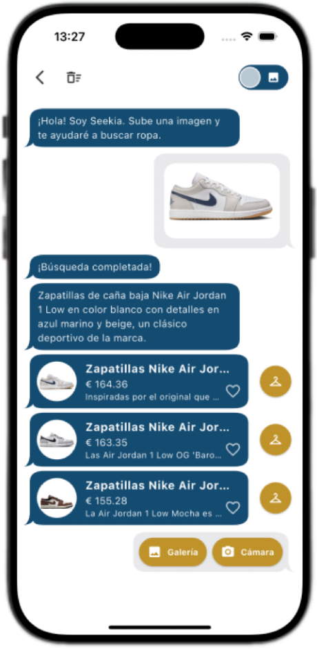 Buscar ropa por foto en Seekia con resultados de productos y precios tras subir una imagen.